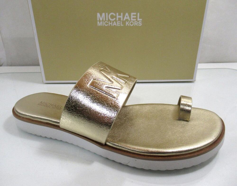 Michael Kors Rosa Metallic Slide Toe Ring Flat Sandal MK Logo Pale Gold Size 8.5